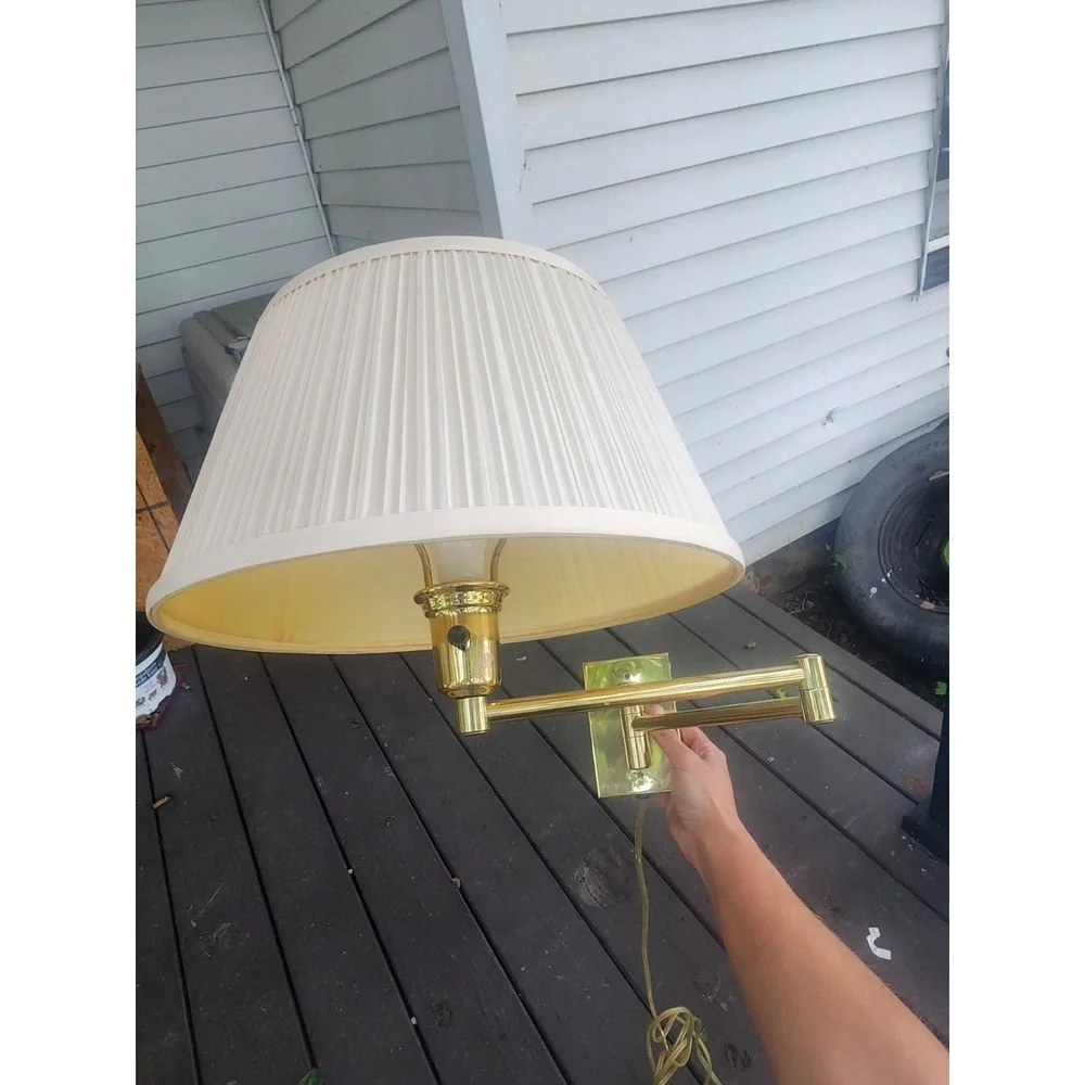 Vintage Solid Gold Brass Wall Mounted Swing Arm Lamp, Mushroom Pleated Shade MCM